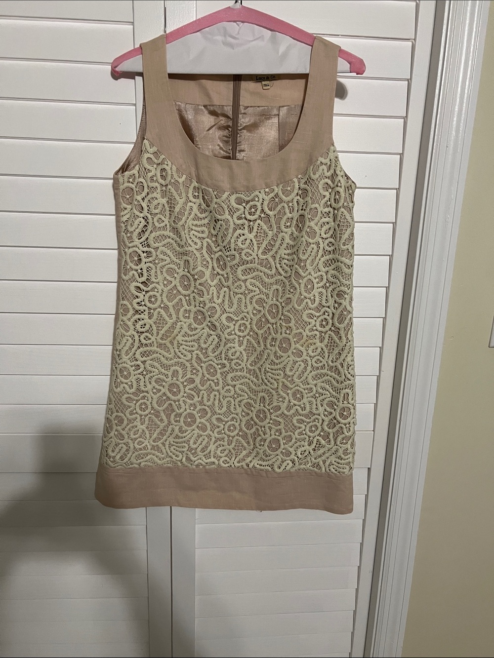 Sleeveless Lace Overlay Shift Dress in Neutral Beige